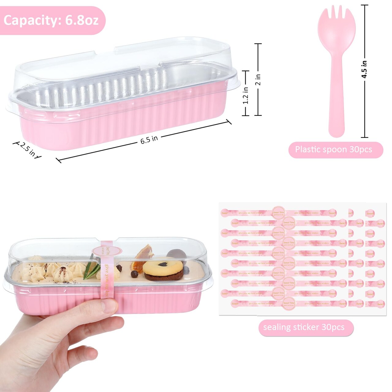 30 Pieces Mini Loaf Pans with Lids and Spoons, Pink, 6.8oz, Rectangular Aluminum Foil Baking Pans